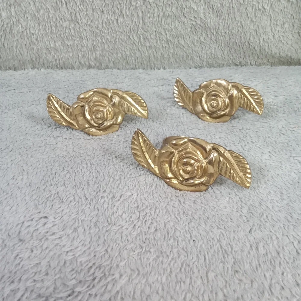 Vintage Brass Rose Napkin Rings Set of‎ 3 Gold Tone Floral Leaf Table Decor